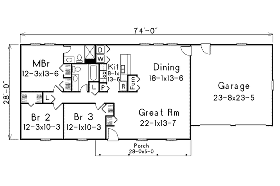 Floor Plan - Main Floor for Ranch House Plan #57-518 - 3 bed, 2 bath