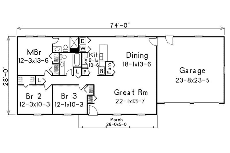 Architectural House Design - Floor Plan - Main Floor for Ranch House Plan #57-518 - 3 bed, 2 bath