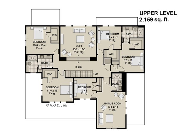 Architectural House Design - Floor Plan - Upper Floor for Farmhouse House Plan #51-1560 - 6 bed, 4.5 bath