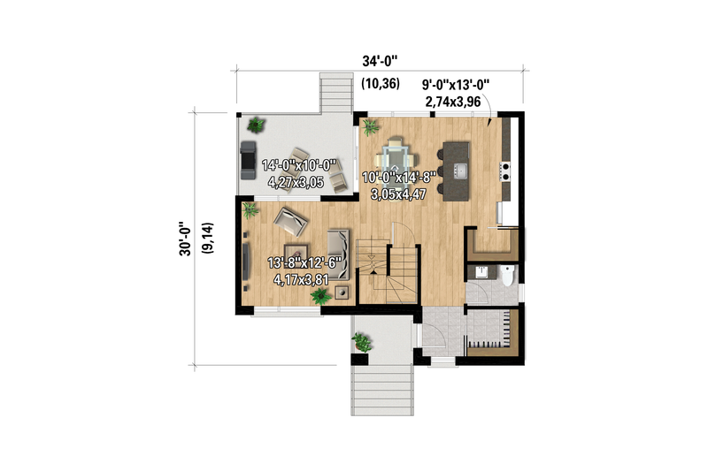 House Design - Floor Plan - Main Floor for European House Plan #25-5015 - 2 bed, 1 bath