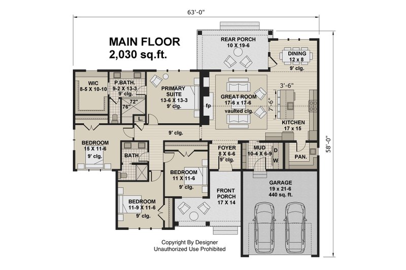 House Blueprint - Floor Plan - Main Floor for Farmhouse House Plan #51-1227 - 4 bed, 2 bath