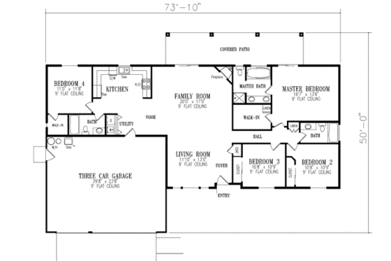 Floor Plan - Main Floor for Ranch House Plan #1-407 - 4 bed, 3 bath