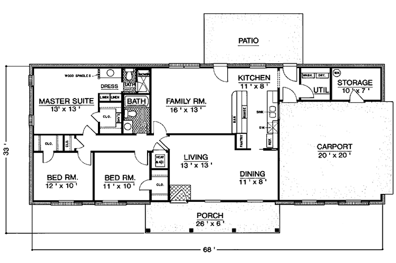 Architectural House Design - Floor Plan - Main Floor for Colonial House Plan #45-552 - 3 bed, 2 bath