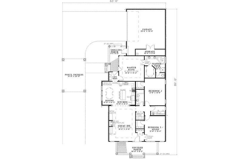 House Blueprint - Floor Plan - Main Floor for Southern House Plan #17-2103 - 3 bed, 2 bath