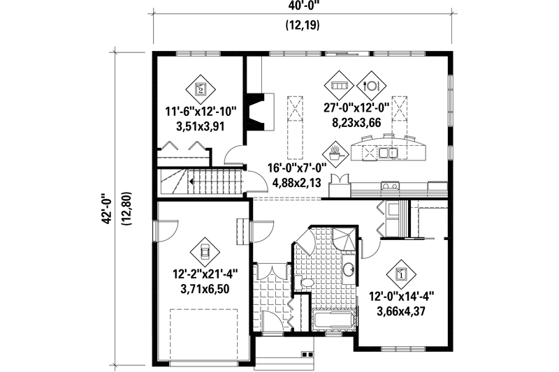 Architectural House Design - Floor Plan - Main Floor for Country House Plan #25-4635 - 2 bed, 1 bath