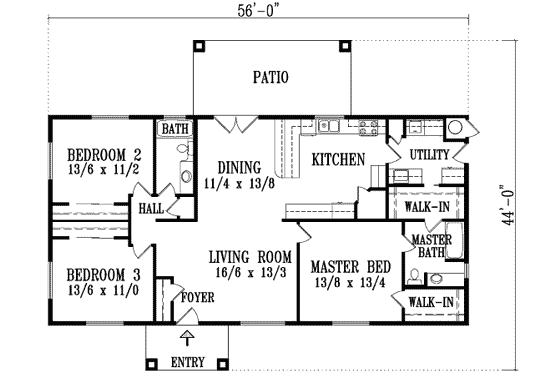 Floor Plan - Main Floor for Ranch House Plan #1-1293 - 3 bed, 2 bath