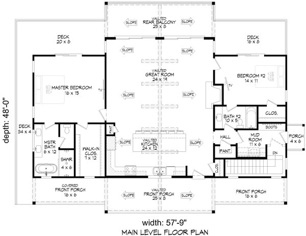 Beach Floor Plan - Main Floor Plan #932-1124