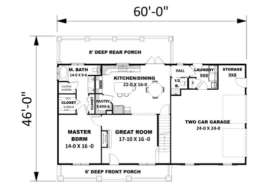 Floor Plan - Main Floor for Bungalow House Plan #44-197 - 3 bed, 2.5 bath