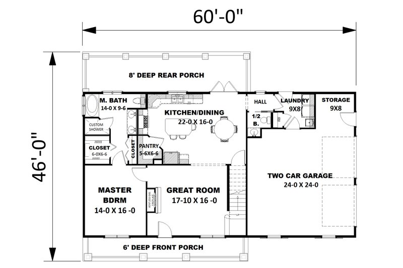 Architectural House Design - Floor Plan - Main Floor for Bungalow House Plan #44-197 - 3 bed, 2.5 bath