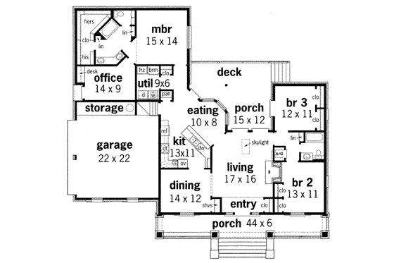 Floor Plan - Main Floor for Southern House Plan #45-134 - 3 bed, 2 bath