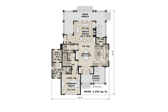 Floor Plan - Main Floor for Farmhouse House Plan #51-1269 - 3 bed, 3.5 bath