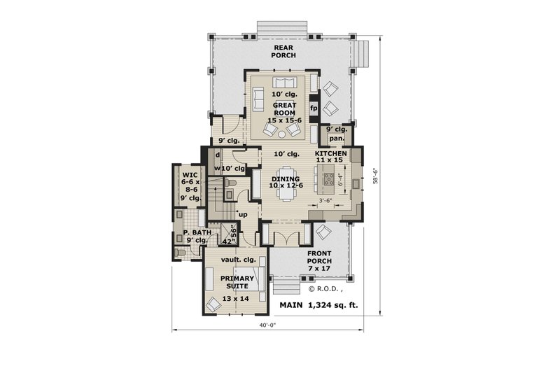 House Design - Floor Plan - Main Floor for Farmhouse House Plan #51-1269 - 3 bed, 3.5 bath