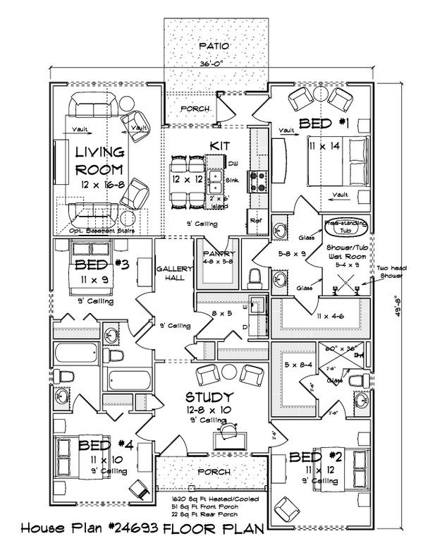 Home Plan - Floor Plan - Main Floor for Cottage House Plan #513-2485 - 4 bed, 4 bath