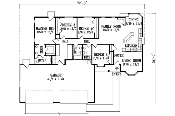Floor Plan - Main Floor for Adobe / Southwestern House Plan #1-1353 - 4 bed, 3 bath