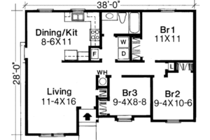 Floor Plan - Main Floor for Ranch House Plan #334-102 - 3 bed, 1 bath
