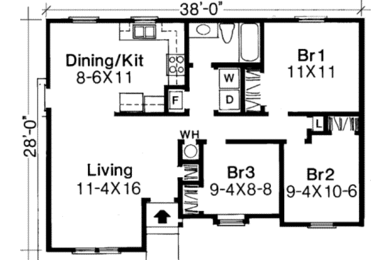 Floor Plan - Main Floor for Ranch House Plan #334-102 - 3 bed, 1 bath