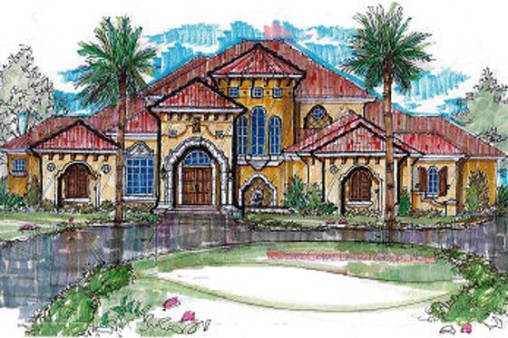 Exterior - Front Elevation for Mediterranean House Plan #135-147 - 5 bed, 5.5 bath