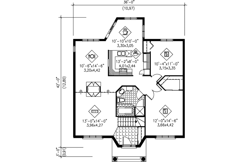 House Blueprint - Floor Plan - Main Floor for European House Plan #25-120 - 2 bed, 1 bath