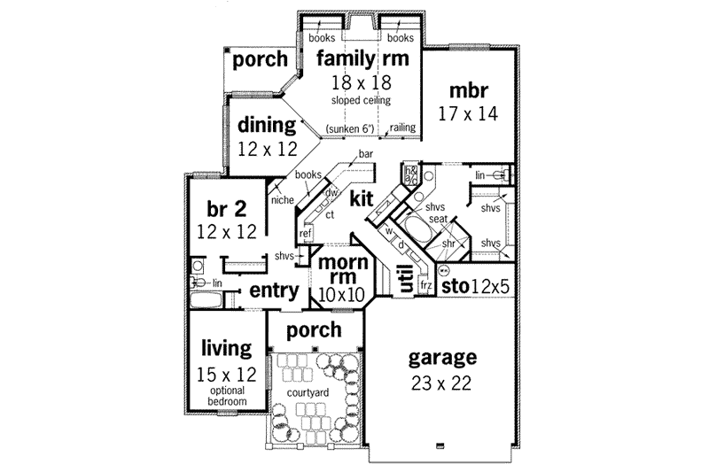 House Blueprint - Floor Plan - Main Floor for Southern House Plan #45-126 - 3 bed, 2 bath