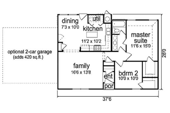 Floor Plan - Main Floor for Ranch House Plan #84-472 - 2 bed, 1 bath