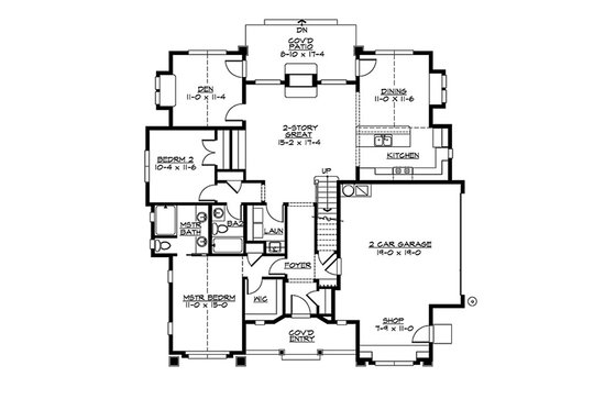 Floor Plan - Main Floor for Craftsman House Plan #132-197 - 2 bed, 2 bath