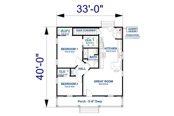 Floor Plan - Main Floor for Cottage House Plan #44-260 - 2 bed, 1 bath