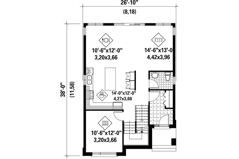 House Blueprint - Floor Plan - Main Floor for Contemporary House Plan #25-4623 - 3 bed, 1 bath