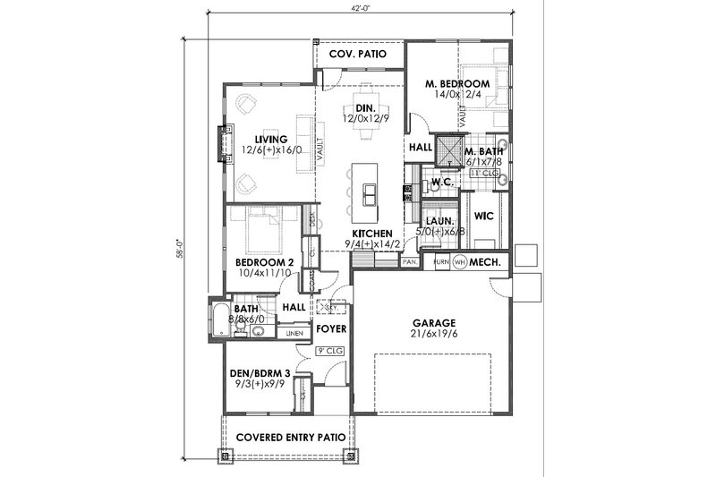 Architectural House Design - Floor Plan - Main Floor for Craftsman House Plan #1105-3 - 3 bed, 2 bath