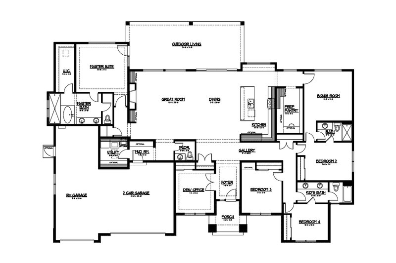 House Blueprint - Floor Plan - Main Floor for Prairie House Plan #569-67 - 4 bed, 3.5 bath