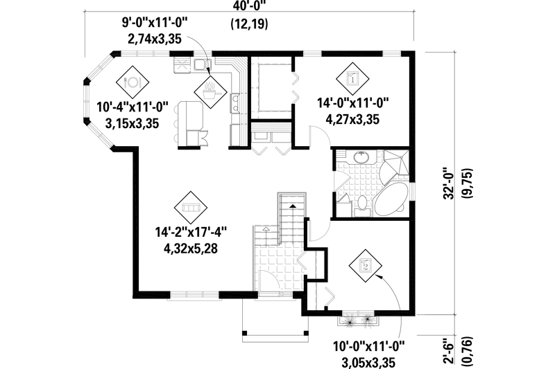 House Blueprint - Floor Plan - Main Floor for Traditional House Plan #25-4450 - 2 bed, 1 bath
