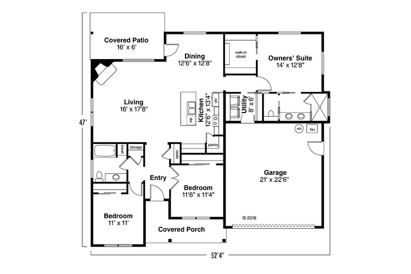 House Blueprint - Floor Plan - Main Floor for Ranch House Plan #124-1026 - 3 bed, 2 bath