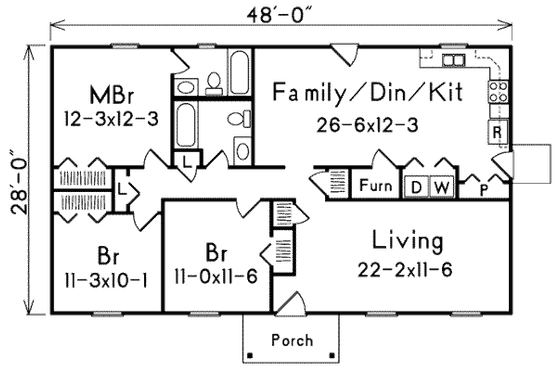 Floor Plan - Main Floor for Ranch House Plan #57-244 - 3 bed, 2 bath