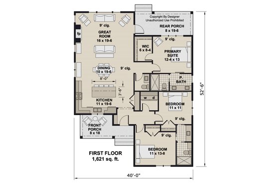 Floor Plan - Main Floor for Farmhouse House Plan #51-1386 - 3 bed, 2.5 bath