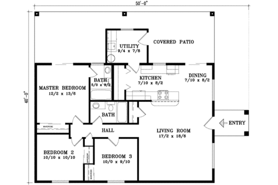 Floor Plan - Main Floor for Adobe / Southwestern House Plan #1-264 - 3 bed, 2 bath