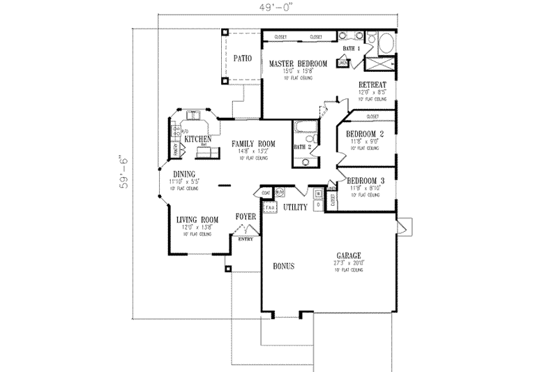 Dream House Plan - Floor Plan - Main Floor for Adobe / Southwestern House Plan #1-302 - 3 bed, 2 bath