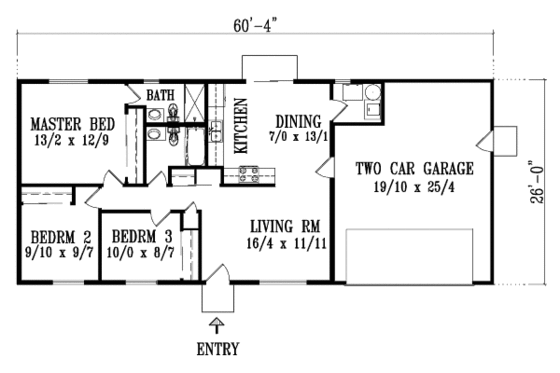 Floor Plan - Main Floor for Ranch House Plan #1-1045 - 3 bed, 2 bath