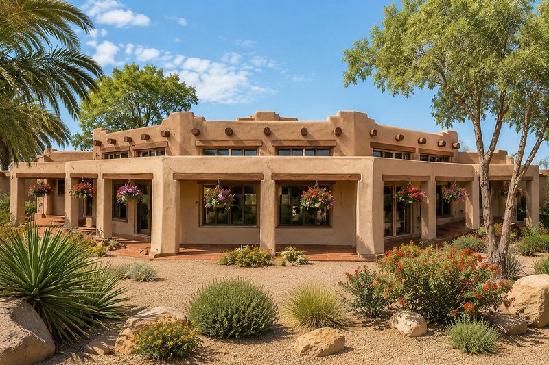 Architectural House Design - Exterior - Front Elevation 2 for Adobe / Southwestern House Plan #124-647 - 3 bed, 3 bath