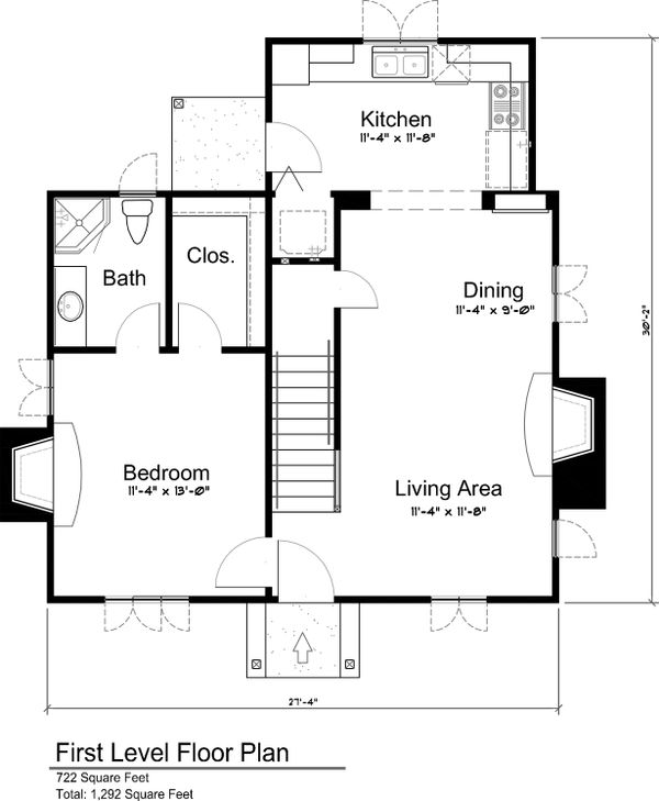 Main Level floor plan - 1300 square foot cottage home