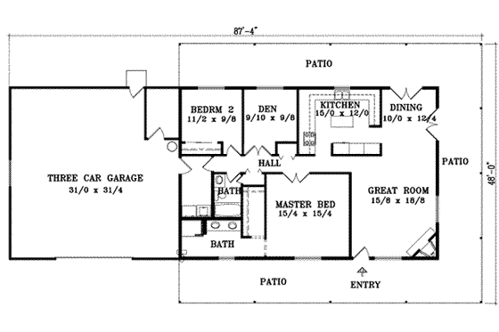 Floor Plan - Main Floor for Bungalow House Plan #1-1023 - 3 bed, 2 bath