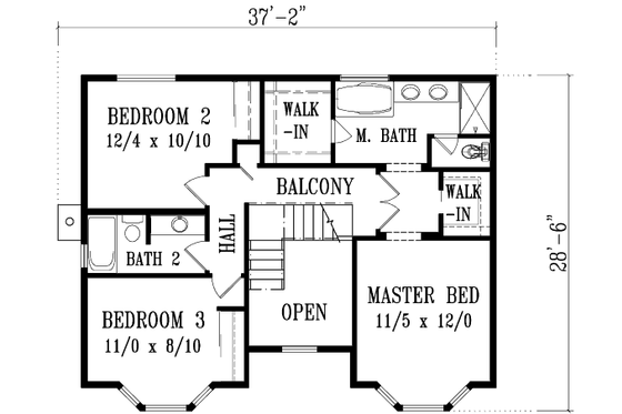 Floor Plan - Upper Floor for European House Plan #1-1349 - 3 bed, 2.5 bath