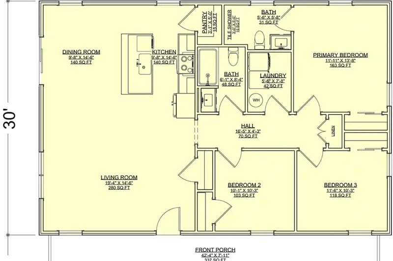 House Blueprint - Floor Plan - Main Floor for Ranch House Plan #1116-43 - 3 bed, 2 bath