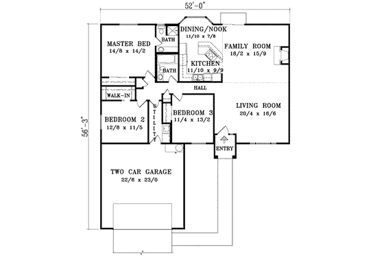 Floor Plan - Main Floor for Adobe / Southwestern House Plan #1-1010 - 3 bed, 2 bath