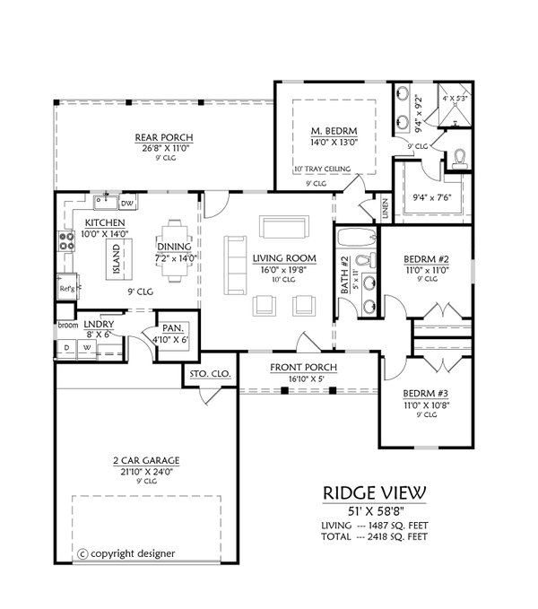 Architectural House Design - Floor Plan - Main Floor for Farmhouse House Plan #1074-139 - 3 bed, 2 bath