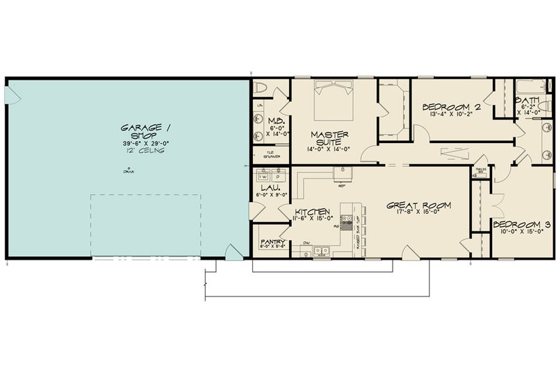 House Blueprint - Floor Plan - Main Floor for Barndominium House Plan #923-234 - 3 bed, 2 bath
