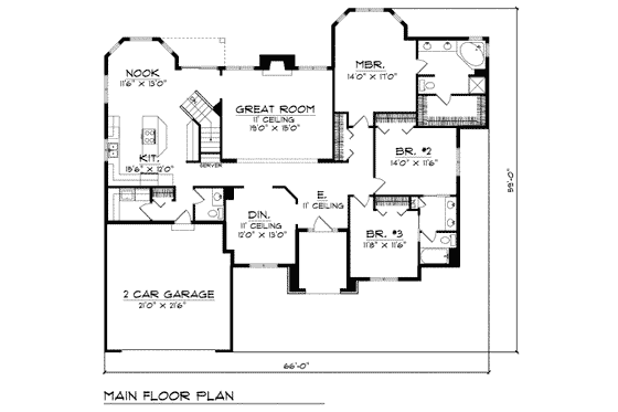 Floor Plan - Main Floor for Traditional House Plan #70-345 - 3 bed, 2.5 bath