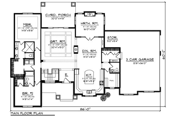 Floor Plan - Main Floor for Ranch House Plan #70-1277 - 2 bed, 1.5 bath
