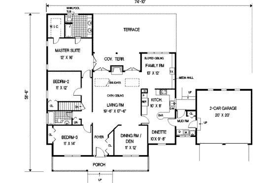Floor Plan - Main Floor for Ranch House Plan #3-159 - 3 bed, 2 bath