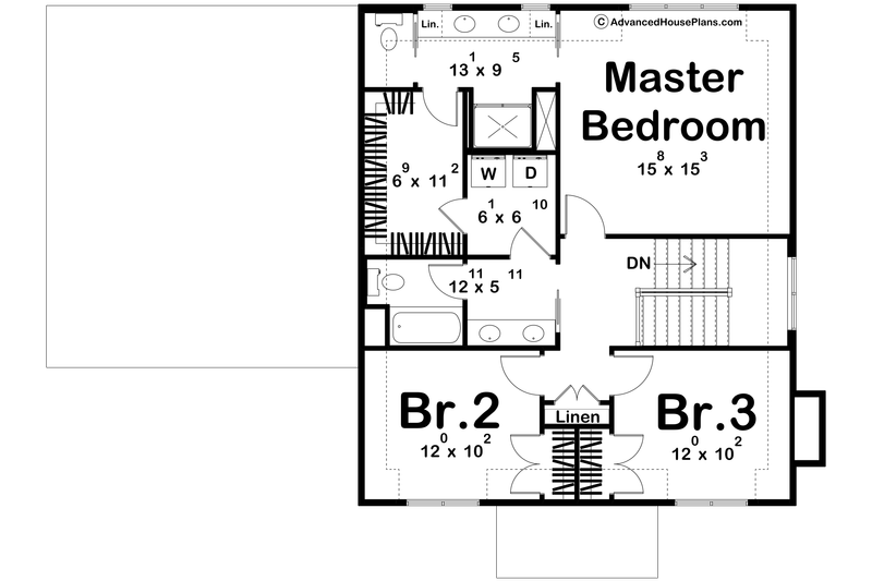 House Blueprint - Floor Plan - Upper Floor for European House Plan #455-749 - 3 bed, 2.5 bath
