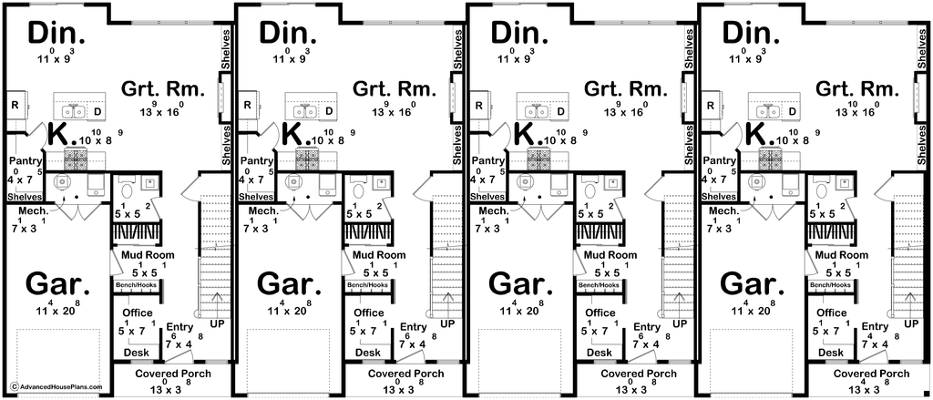 Floor plan showing four units together, each with a garage and open living spaces.