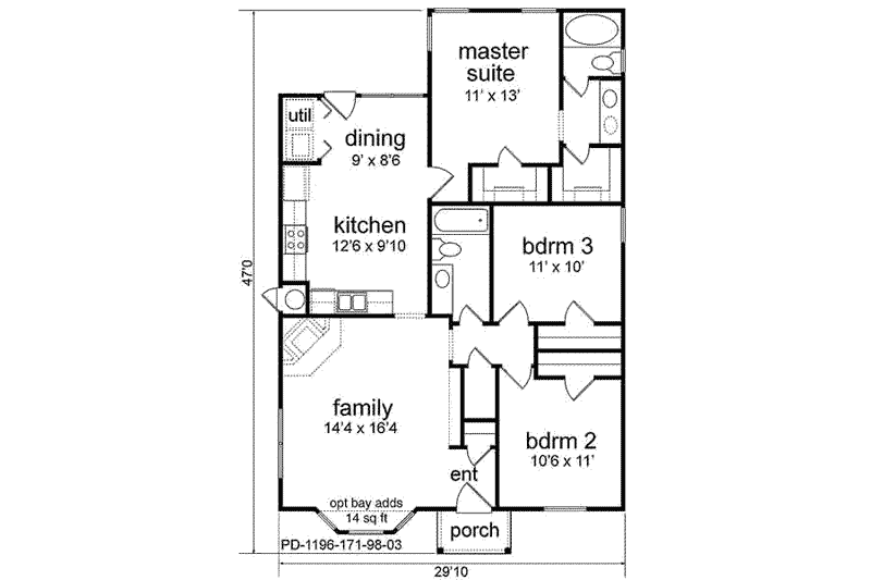 House Blueprint - Floor Plan - Main Floor for Cottage House Plan #84-102 - 3 bed, 2 bath